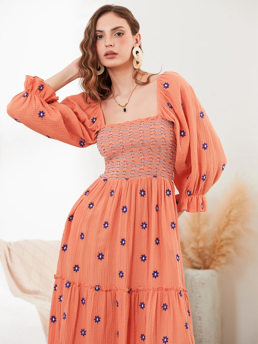 wsevypo Retro Embroidered Flowers Flowy Long Dress Women's Long Puff Sleeve Square Neck Smocked A-Line Dress for Beach Vacation