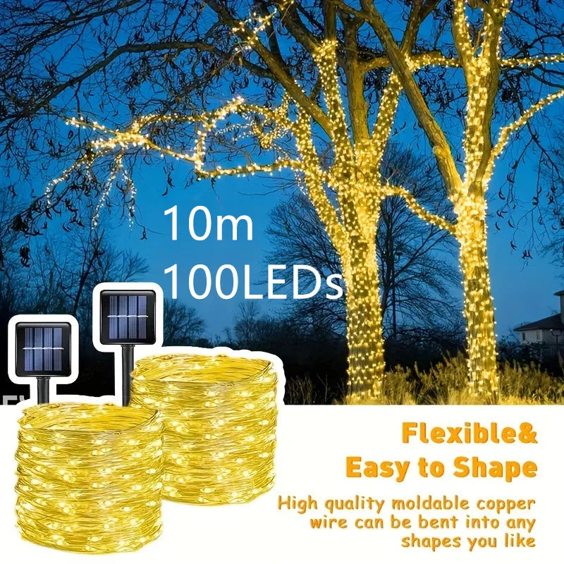 1PC 100LED Solar Outdoor Lights 10m Copper Wire Solar Fairy String Lights 8 Patterns Garden Yard Tree Christmas Party Wedding