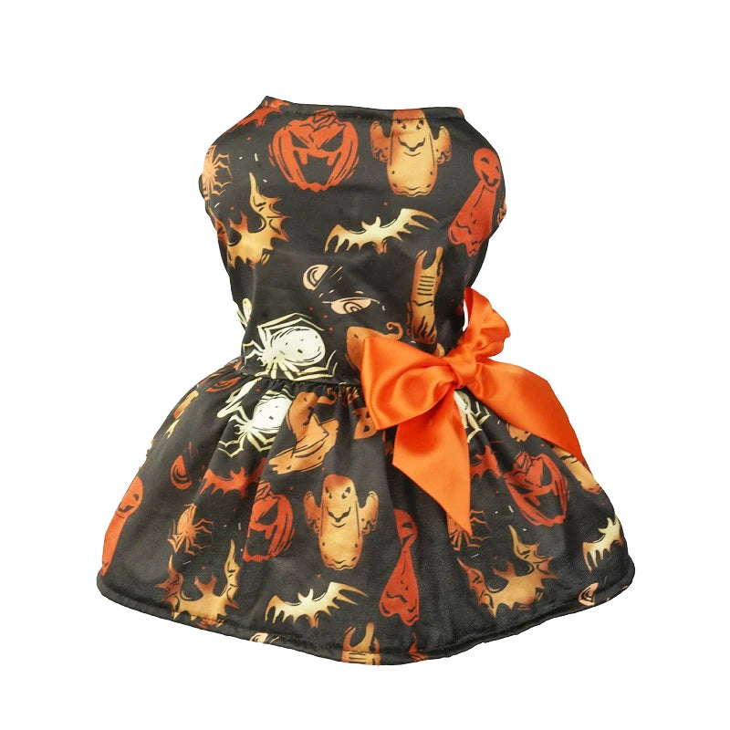 Halloween Dog Clothes  Funny Pet Dress Pumpkin Print Dress Chihuahua Yorkie Bow Mesh Dress Pet Party Clothing Cat Dog Costume