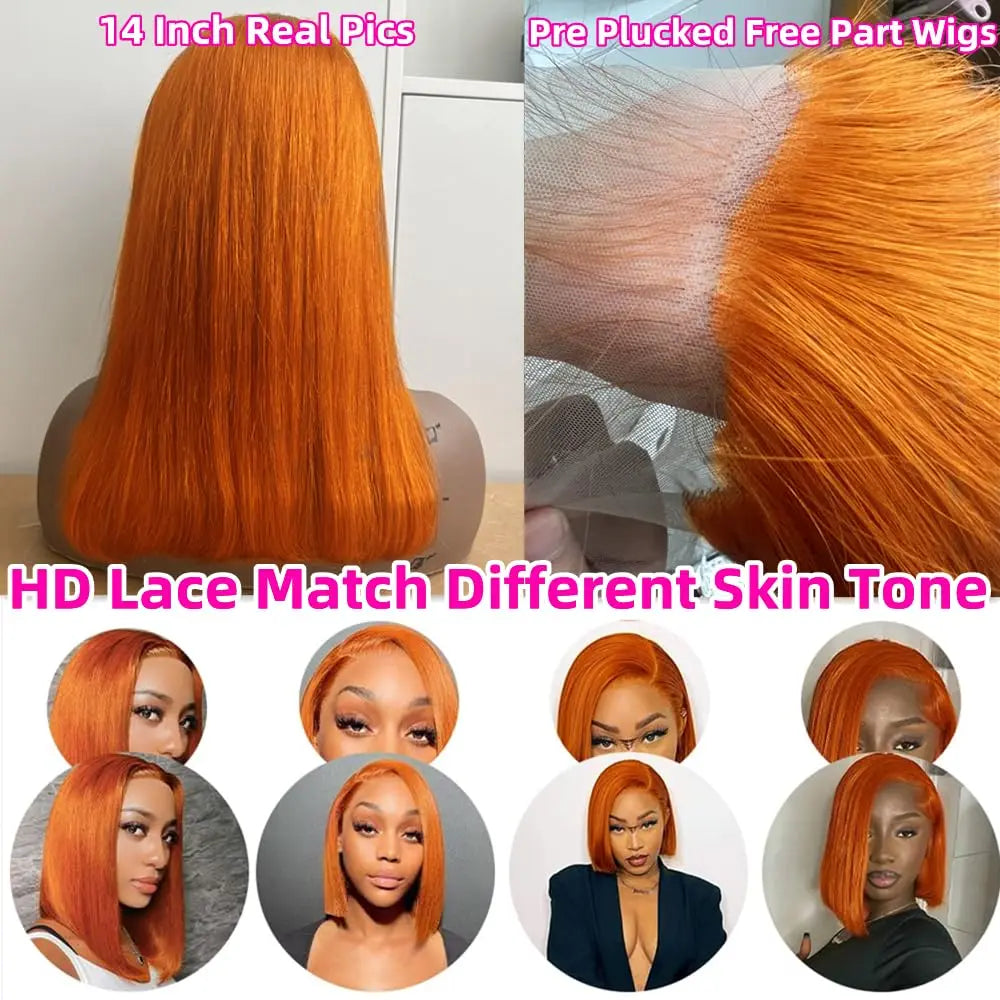 16 Inch180 Density Short Bob Wigs Pre Plucked Natural Hairline Wig Ginger Orange Straight Bob 13x5 HD Lace Front Wig Human Hair