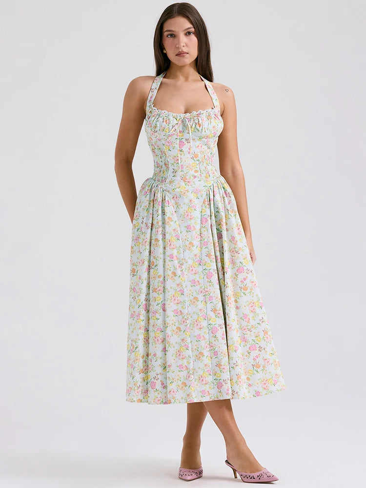 Townlike Waist Wrap Print A-line Elegant Midi Long Dress Women Halter 2024 Spring Summer Dress Backless Sexy Party Dresses