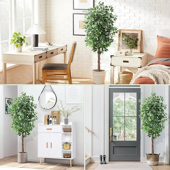 Artificial Ficus Tree Tall Fake Ficus Silk Tree with Natural Wood Trunk in Plastic Nursery Pot for Indoor Outdoor Office Decor