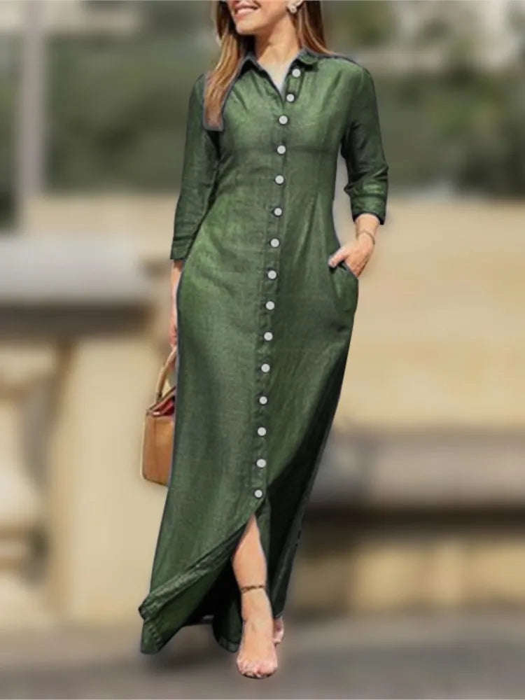 2025 New Dress Spring Summer Women's Plus Size Elegant Neutral Style Cotton Linen Long Dress Long Sleeved Lapel Solid Color