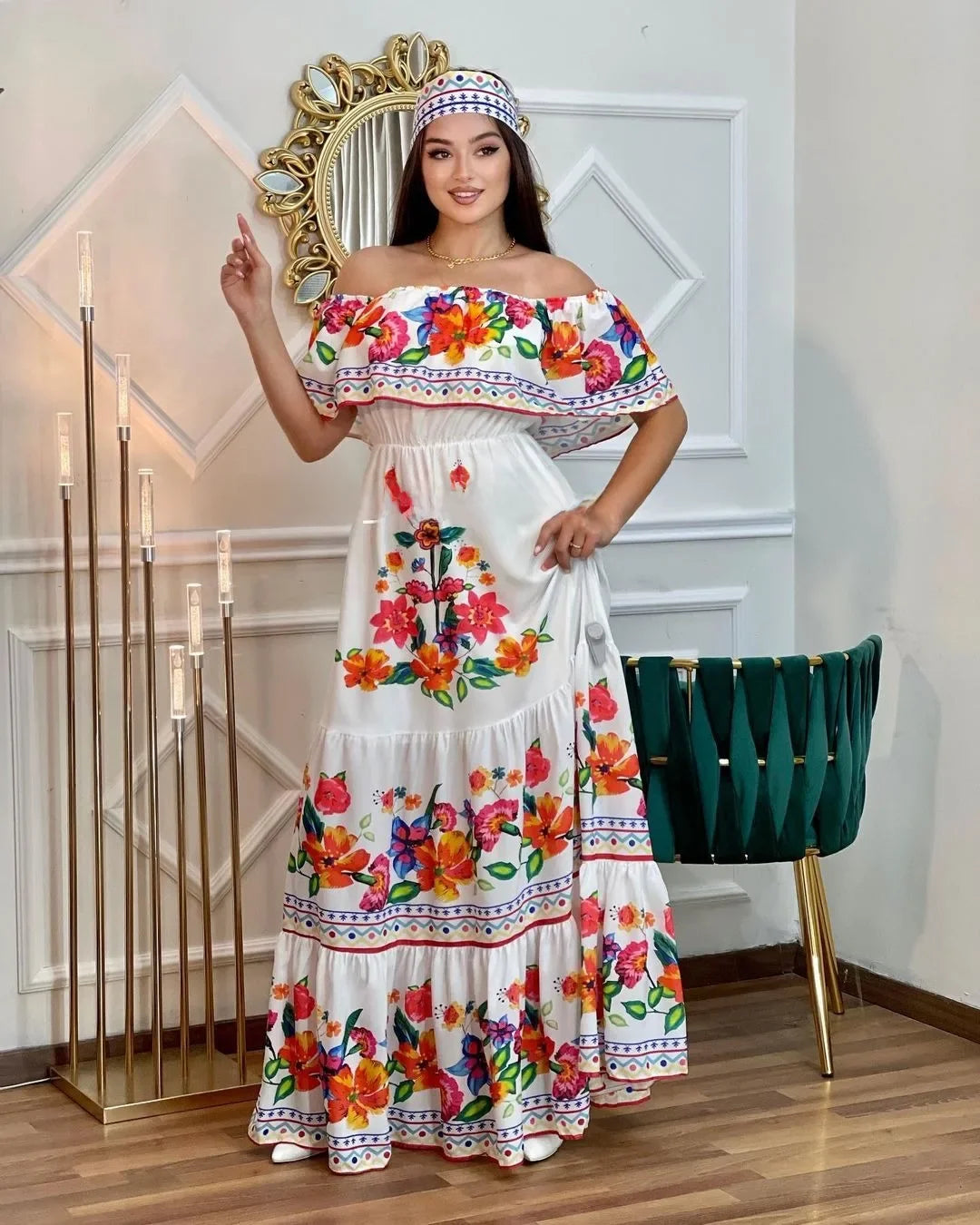 Amazon Off-shoulder Printing Long Dress New Arrival European American Foreign Trade Spring Summer Season Women Fashion