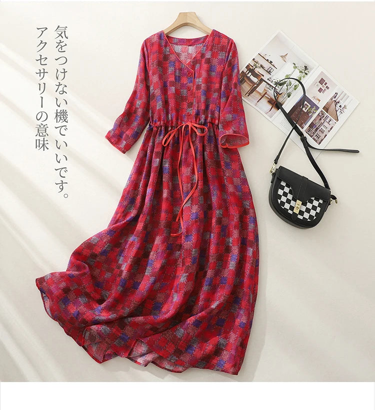 Vintage Single-breasted V-Neck Half Sleeve Women Dresses Literature Drawstring Pockets Ladies Long Dress Vestidos Para Mujer