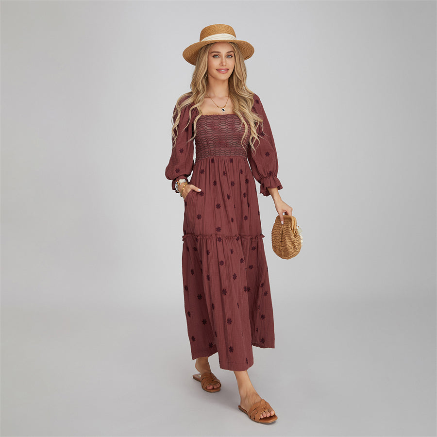 wsevypo Retro Embroidered Flowers Flowy Long Dress Women's Long Puff Sleeve Square Neck Smocked A-Line Dress for Beach Vacation