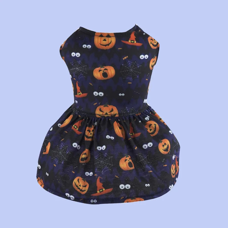 Halloween Dog Clothes  Funny Pet Dress Pumpkin Print Dress Chihuahua Yorkie Bow Mesh Dress Pet Party Clothing Cat Dog Costume