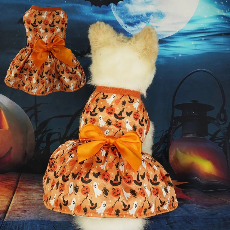 Halloween Dog Clothes  Funny Pet Dress Pumpkin Print Dress Chihuahua Yorkie Bow Mesh Dress Pet Party Clothing Cat Dog Costume
