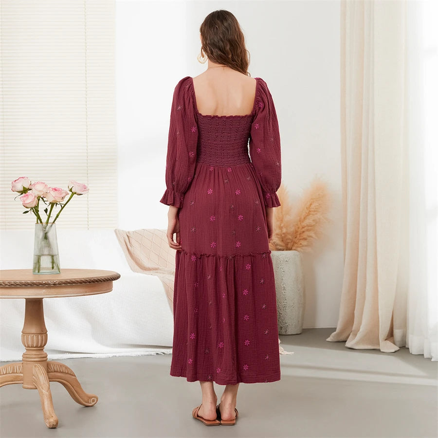 wsevypo Retro Embroidered Flowers Flowy Long Dress Women's Long Puff Sleeve Square Neck Smocked A-Line Dress for Beach Vacation