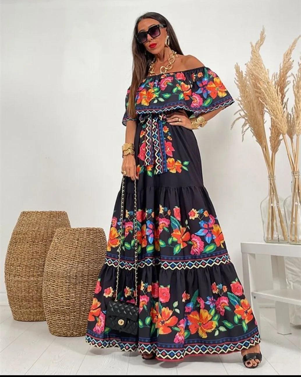 Amazon Off-shoulder Printing Long Dress New Arrival European American Foreign Trade Spring Summer Season Women Fashion