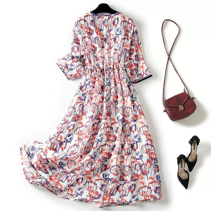 Vintage Single-breasted V-Neck Half Sleeve Women Dresses Literature Drawstring Pockets Ladies Long Dress Vestidos Para Mujer