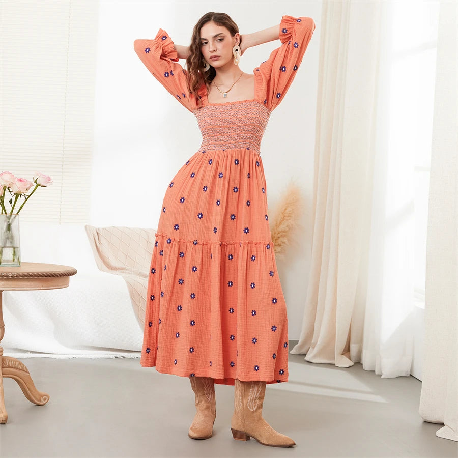wsevypo Retro Embroidered Flowers Flowy Long Dress Women's Long Puff Sleeve Square Neck Smocked A-Line Dress for Beach Vacation