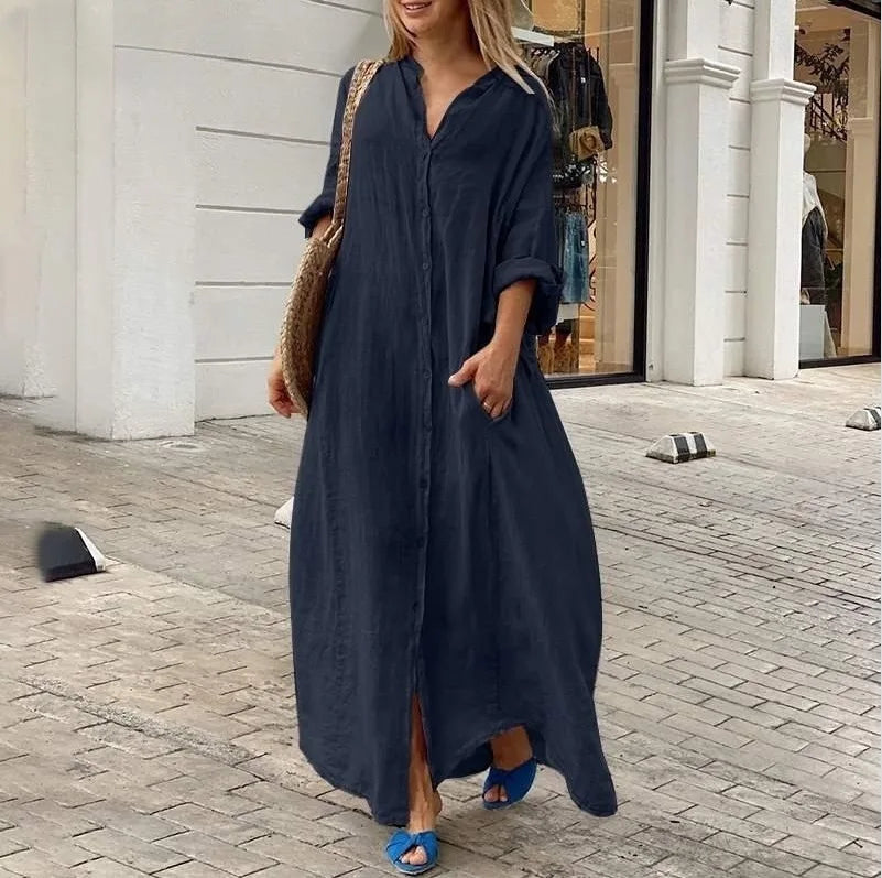 2025 Women's Casual Cotton Linen Long Dress Solid Long Sleeve Oversize Shirt Dresses Female Fashion Loose Ladies' Clothing Dress