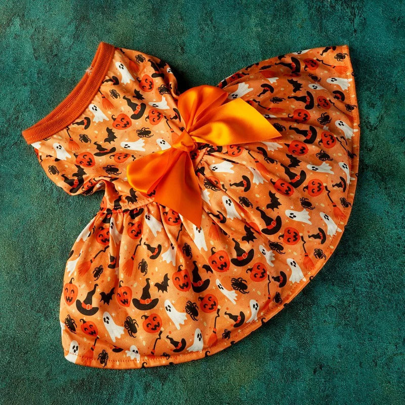 Halloween Dog Clothes  Funny Pet Dress Pumpkin Print Dress Chihuahua Yorkie Bow Mesh Dress Pet Party Clothing Cat Dog Costume