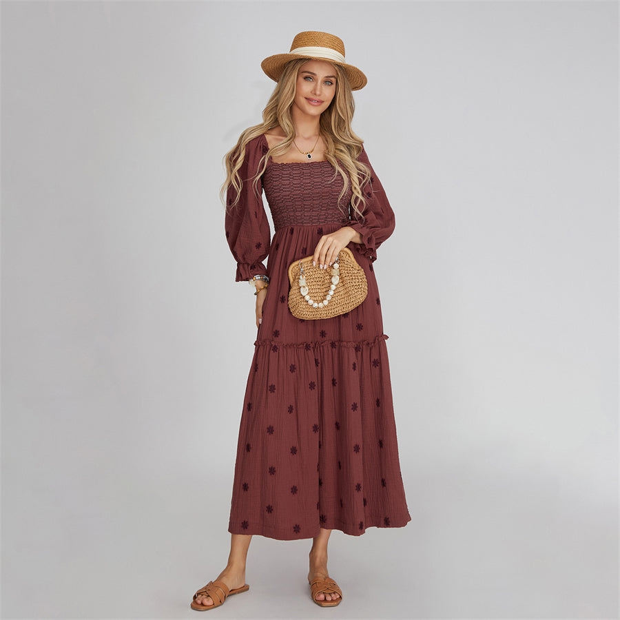 wsevypo Retro Embroidered Flowers Flowy Long Dress Women's Long Puff Sleeve Square Neck Smocked A-Line Dress for Beach Vacation