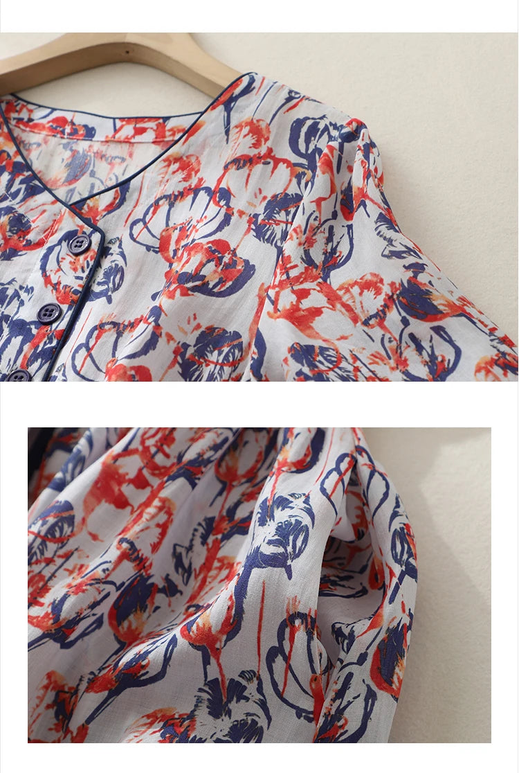 Vintage Single-breasted V-Neck Half Sleeve Women Dresses Literature Drawstring Pockets Ladies Long Dress Vestidos Para Mujer