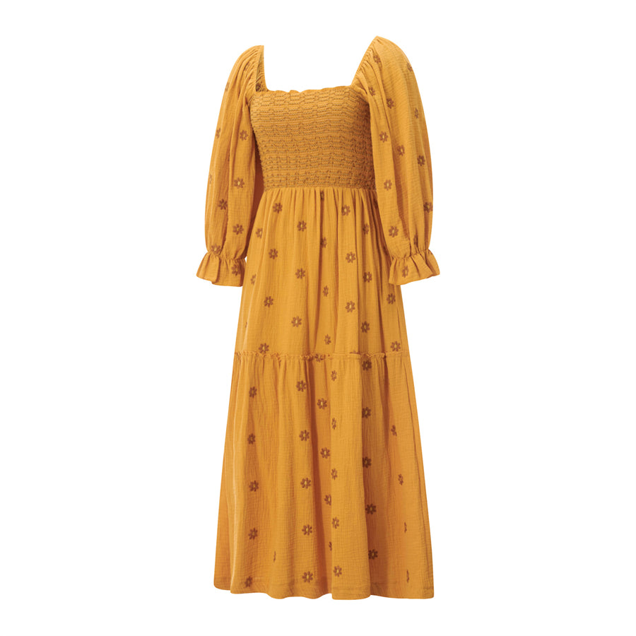 wsevypo Retro Embroidered Flowers Flowy Long Dress Women's Long Puff Sleeve Square Neck Smocked A-Line Dress for Beach Vacation
