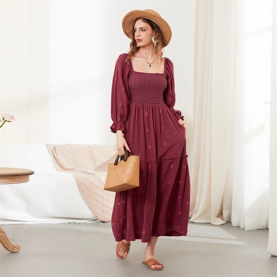 wsevypo Retro Embroidered Flowers Flowy Long Dress Women's Long Puff Sleeve Square Neck Smocked A-Line Dress for Beach Vacation