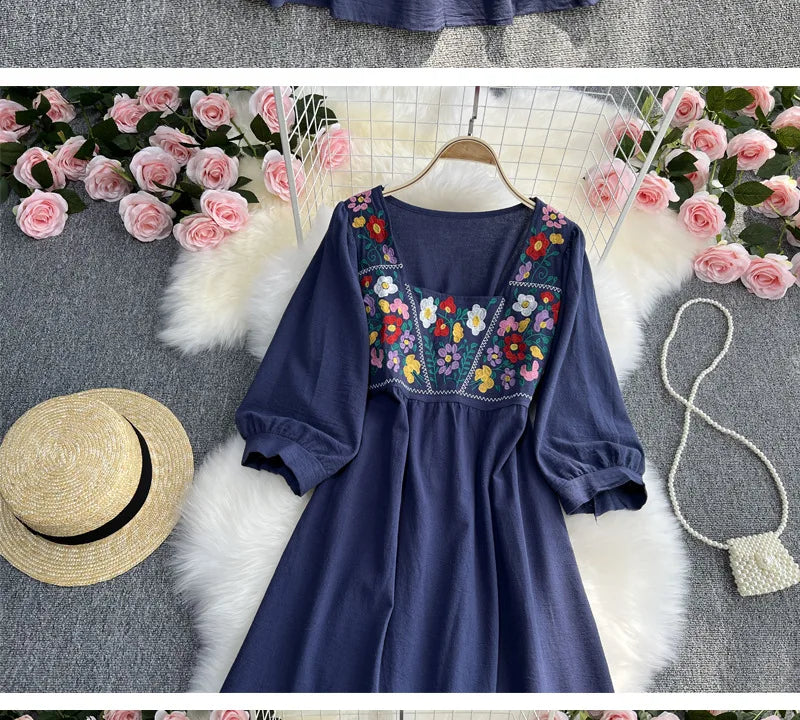 Spring/Summer Women's Travel Vacation Vintage Long Dress Bohemian Ethnic Style Embroidered Waist Tie up Cotton and Linen Dress ﻿
