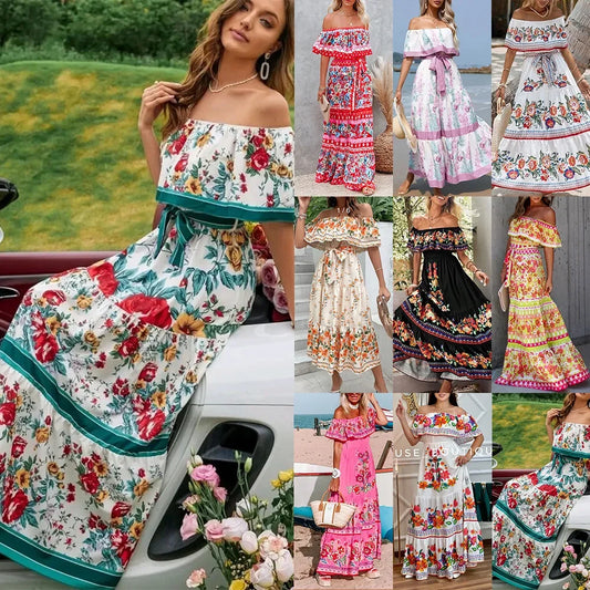 Amazon Off-shoulder Printing Long Dress New Arrival European American Foreign Trade Spring Summer Season Women Fashion