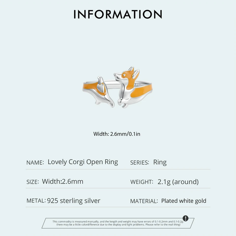 WOSTU 925 Sterling Silver Cute Yellow Corgi Dog Pet Opening Ring Girl Daily Wear Animal Adjustable Rings Gift For family Daugter