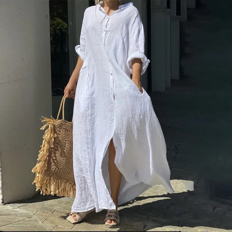 2025 Women's Casual Cotton Linen Long Dress Solid Long Sleeve Oversize Shirt Dresses Female Fashion Loose Ladies' Clothing Dress