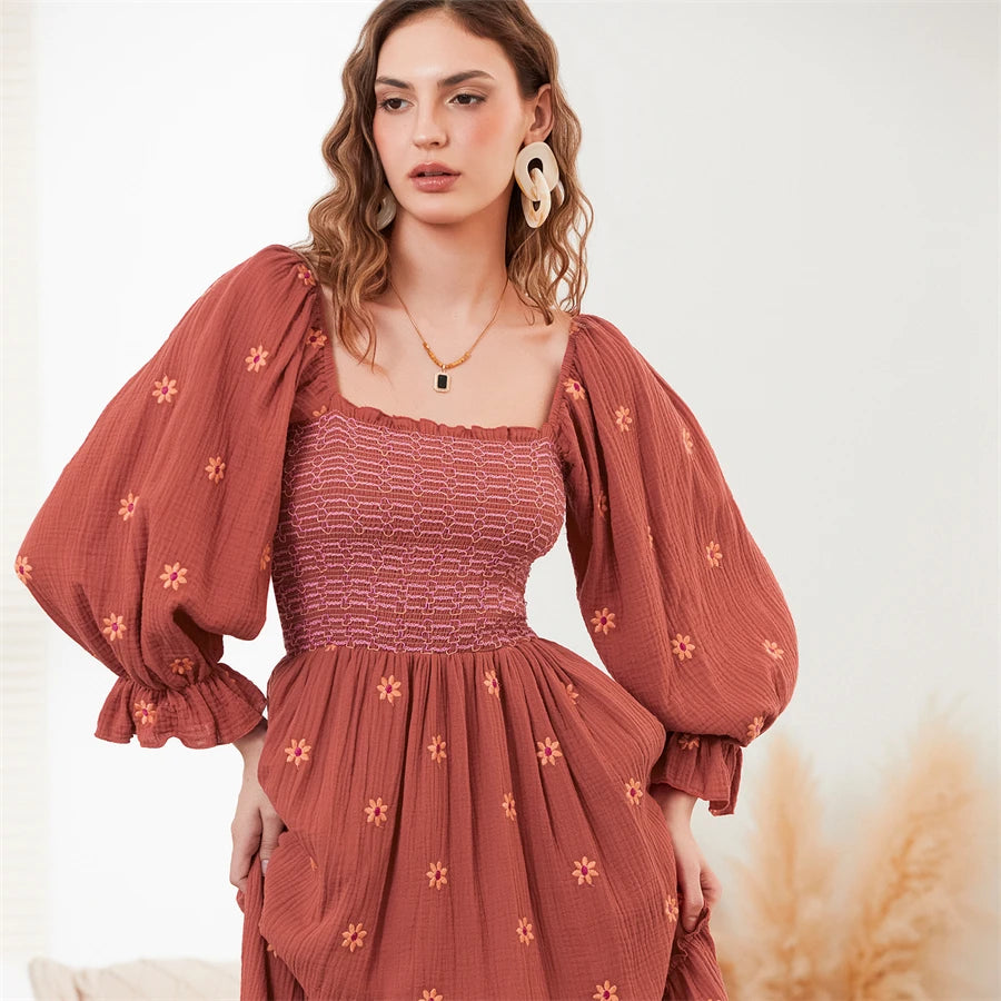 wsevypo Retro Embroidered Flowers Flowy Long Dress Women's Long Puff Sleeve Square Neck Smocked A-Line Dress for Beach Vacation