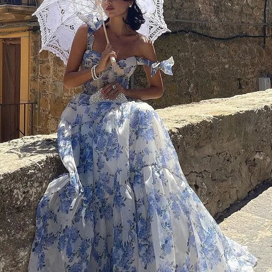 2025 Spring/Summer New European and American Off Shoulder Women's Fashion Organza Fairy Long Dress Elegant Evening Dress