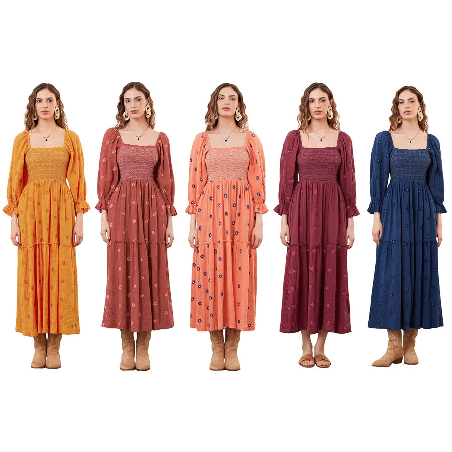 wsevypo Retro Embroidered Flowers Flowy Long Dress Women's Long Puff Sleeve Square Neck Smocked A-Line Dress for Beach Vacation