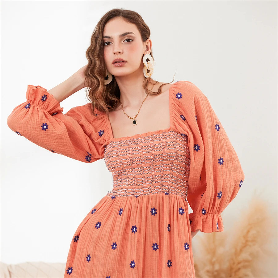 wsevypo Retro Embroidered Flowers Flowy Long Dress Women's Long Puff Sleeve Square Neck Smocked A-Line Dress for Beach Vacation
