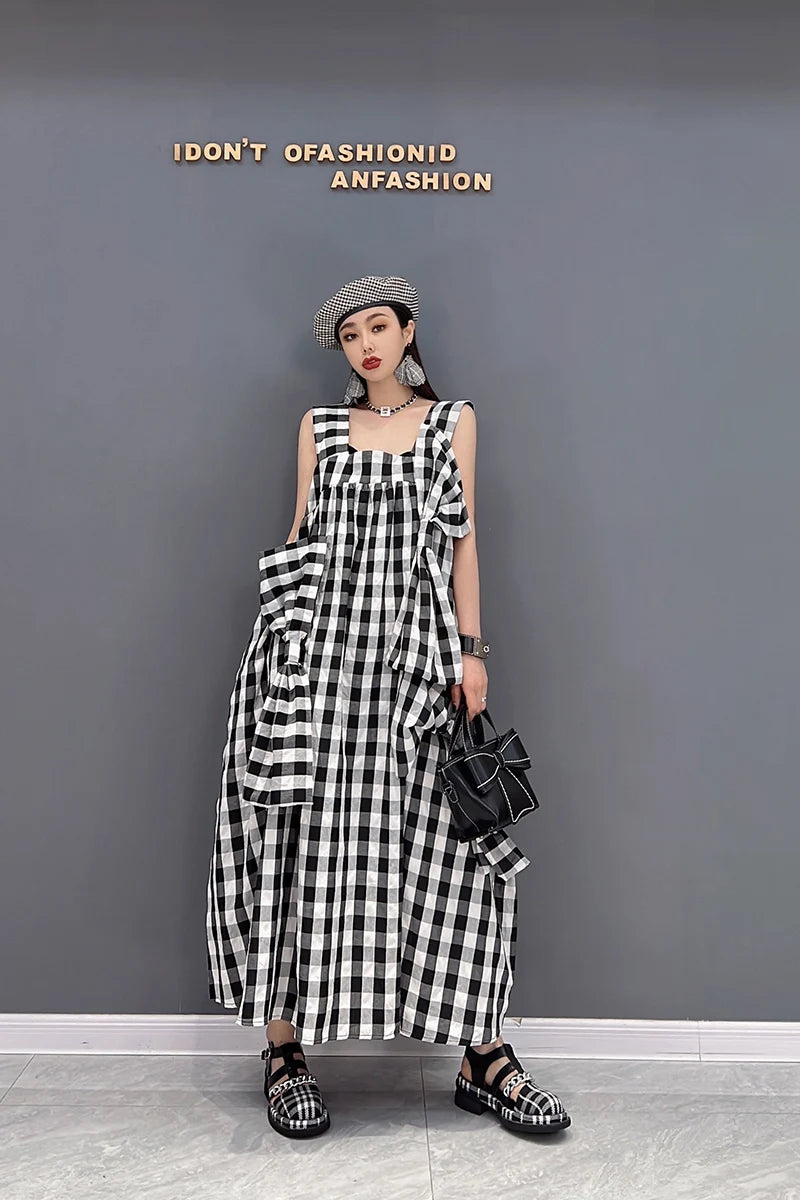 NYFS 2025 Summer New Plaid Dresses Backless Sleeveless Patchwork Bow Small Fresh Minority Elegant Loose Plus Size Long Dress