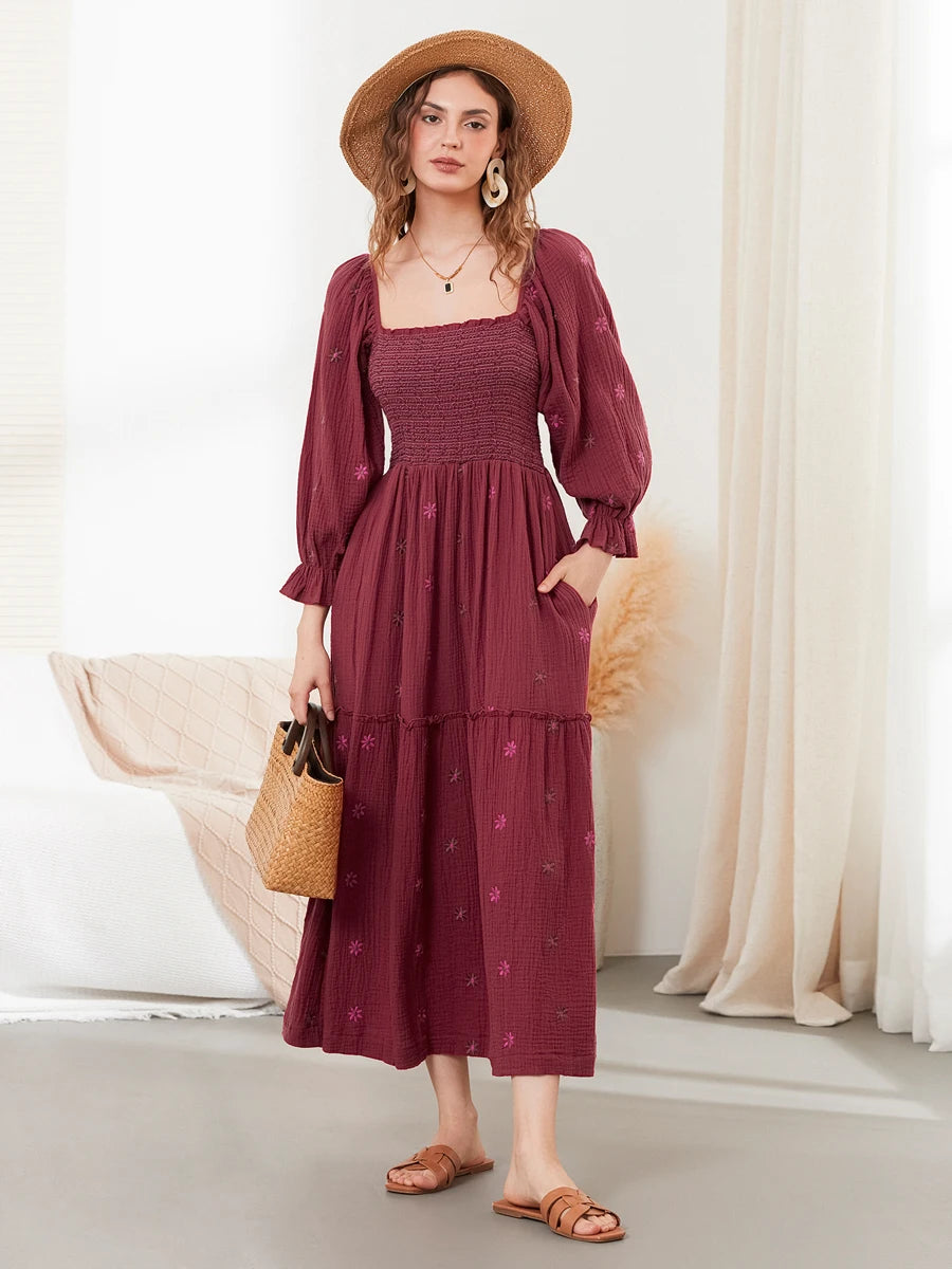 wsevypo Retro Embroidered Flowers Flowy Long Dress Women's Long Puff Sleeve Square Neck Smocked A-Line Dress for Beach Vacation