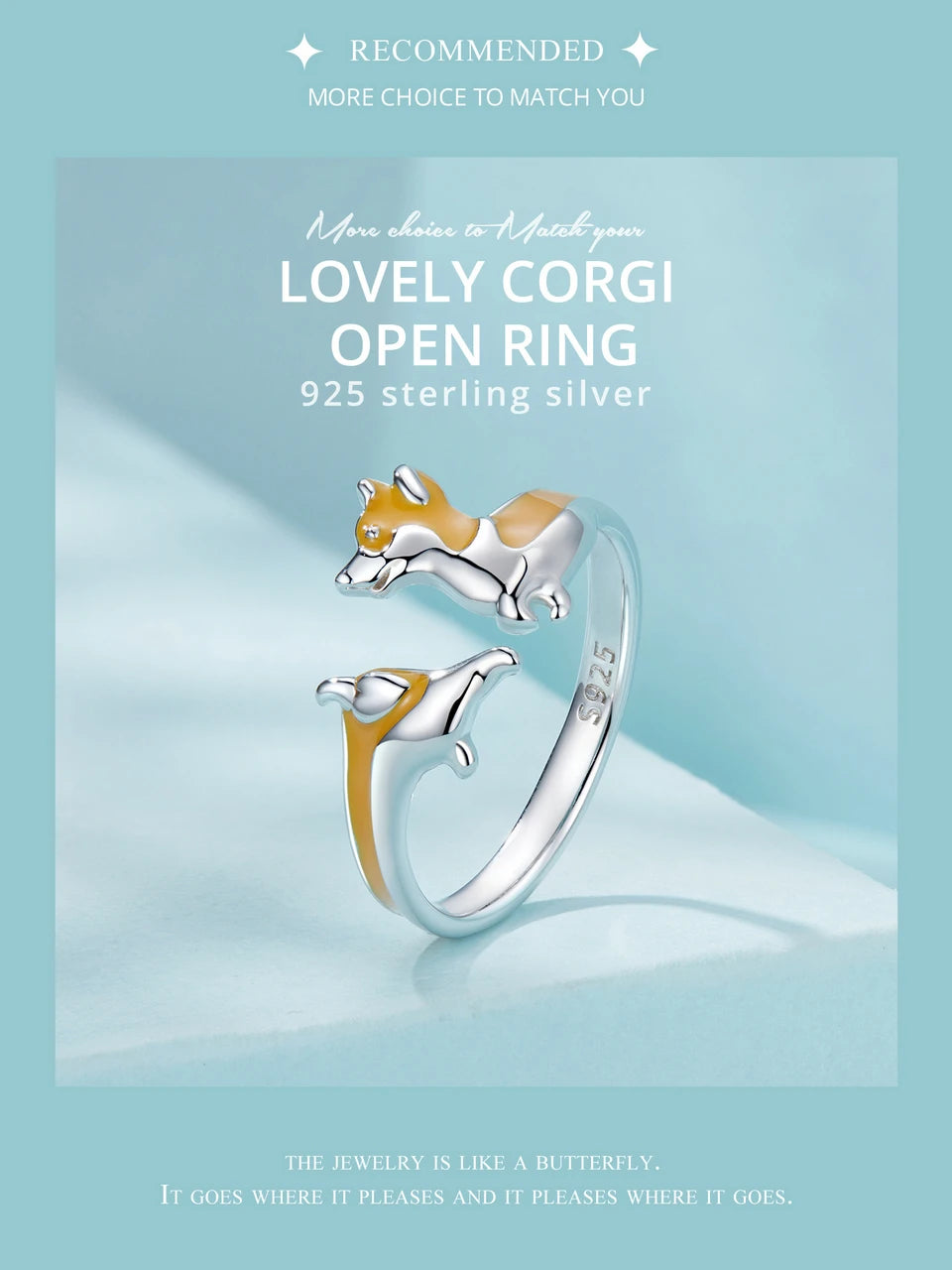 WOSTU 925 Sterling Silver Cute Yellow Corgi Dog Pet Opening Ring Girl Daily Wear Animal Adjustable Rings Gift For family Daugter