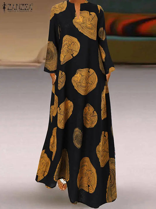 Vintage Maxi Dresses ZANZEA Autumn Women Long Dress V Neck Long Sleeve Printed Sundress Maxi Vestidos Kaftan Robe Femme