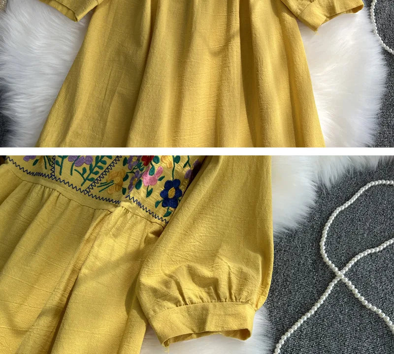 Spring/Summer Women's Travel Vacation Vintage Long Dress Bohemian Ethnic Style Embroidered Waist Tie up Cotton and Linen Dress ﻿
