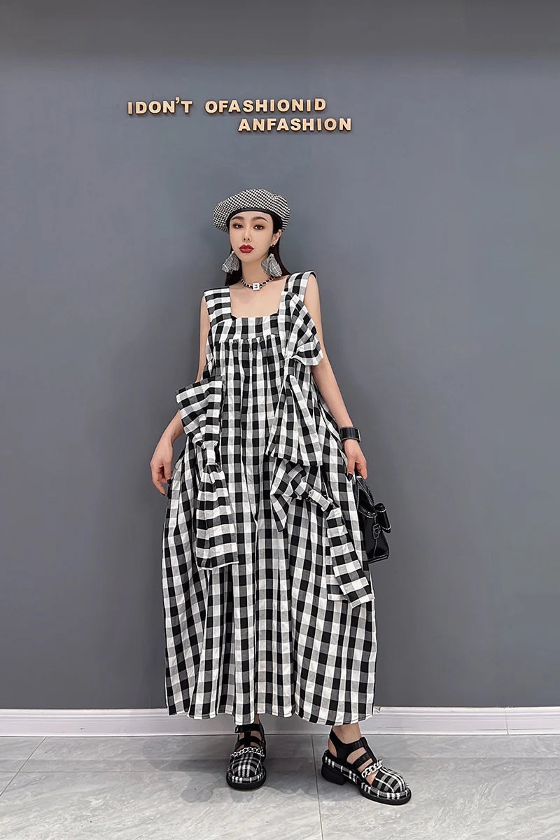 NYFS 2025 Summer New Plaid Dresses Backless Sleeveless Patchwork Bow Small Fresh Minority Elegant Loose Plus Size Long Dress