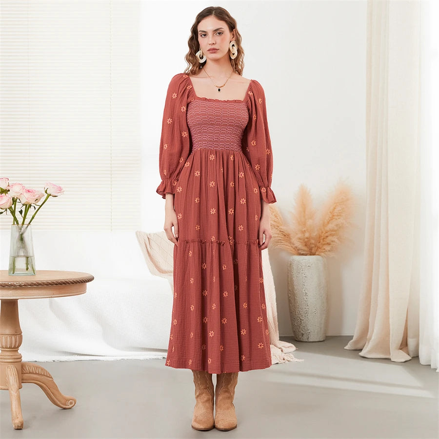 wsevypo Retro Embroidered Flowers Flowy Long Dress Women's Long Puff Sleeve Square Neck Smocked A-Line Dress for Beach Vacation
