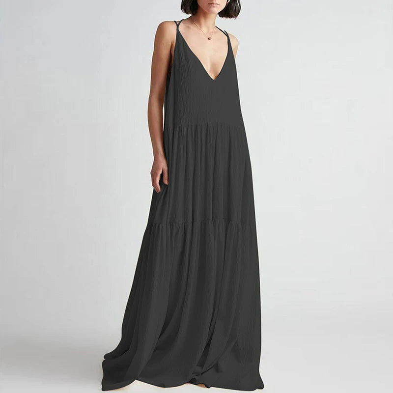 Women Casual Solid Pleat Irregular Long Dress Spring Sexy Double V Neck Backless Hollow Dress Summer Loose Lace-up Sling Dresses