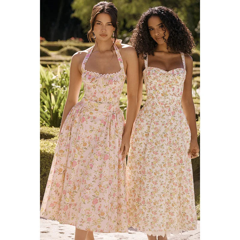 Townlike Waist Wrap Print A-line Elegant Midi Long Dress Women Halter 2024 Spring Summer Dress Backless Sexy Party Dresses