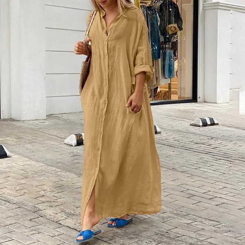 2025 Women's Casual Cotton Linen Long Dress Solid Long Sleeve Oversize Shirt Dresses Female Fashion Loose Ladies' Clothing Dress