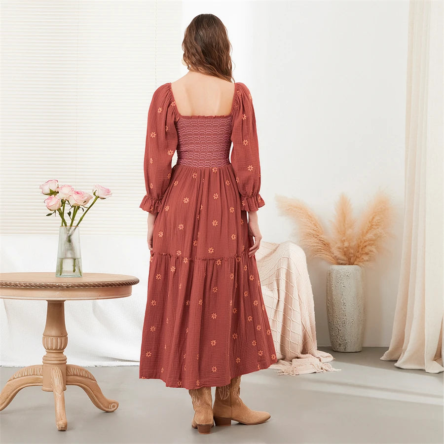 wsevypo Retro Embroidered Flowers Flowy Long Dress Women's Long Puff Sleeve Square Neck Smocked A-Line Dress for Beach Vacation