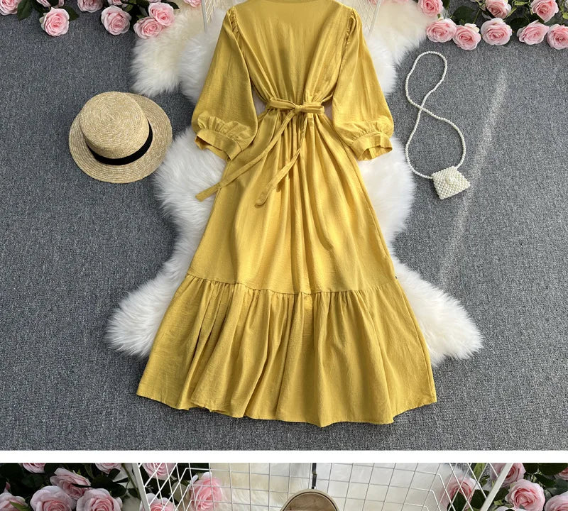 Spring/Summer Women's Travel Vacation Vintage Long Dress Bohemian Ethnic Style Embroidered Waist Tie up Cotton and Linen Dress ﻿