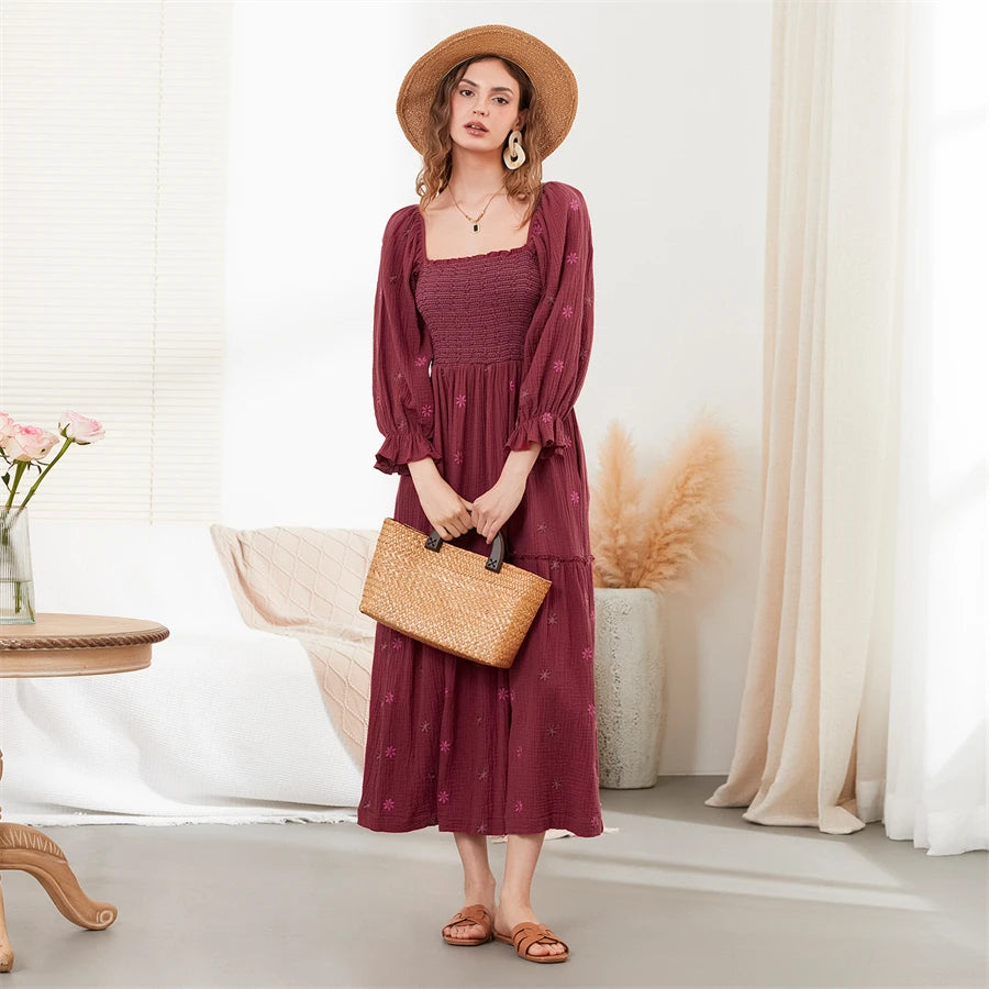 wsevypo Retro Embroidered Flowers Flowy Long Dress Women's Long Puff Sleeve Square Neck Smocked A-Line Dress for Beach Vacation