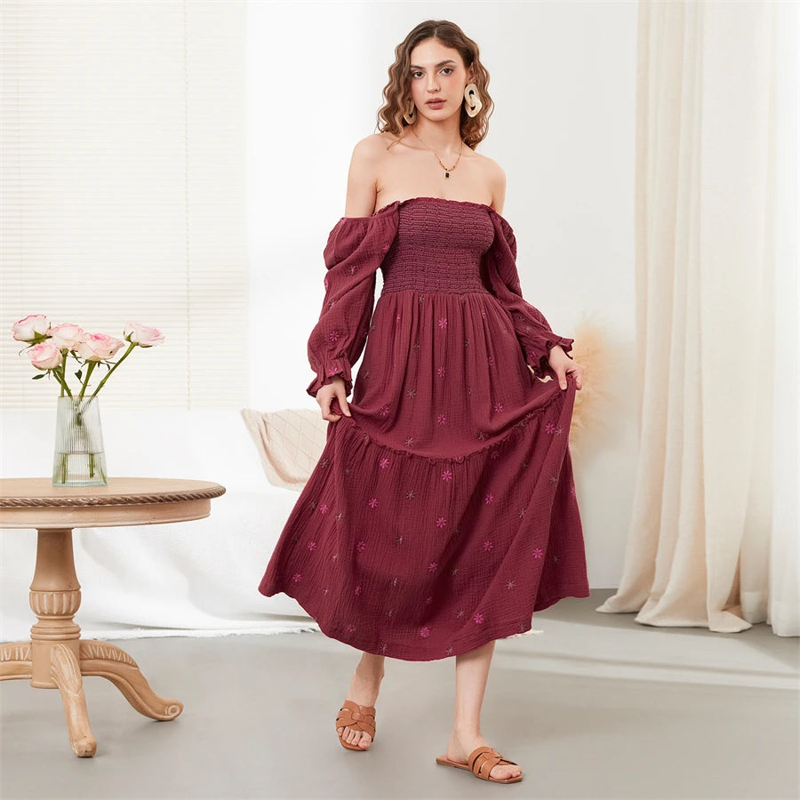 wsevypo Retro Embroidered Flowers Flowy Long Dress Women's Long Puff Sleeve Square Neck Smocked A-Line Dress for Beach Vacation