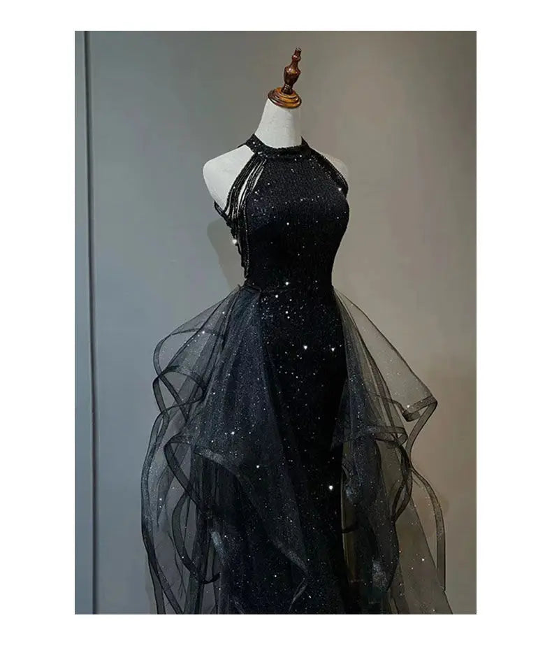 YOSIMI Women Evening Party Long Dress 2023 Summer Vintage Mesh Floor-Length Sleeveless Black Dress Trumpet Sexy Mermaid Vestido