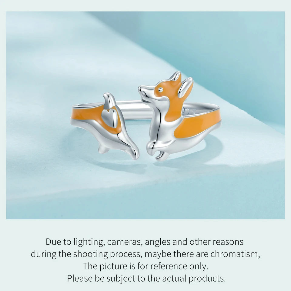 WOSTU 925 Sterling Silver Cute Yellow Corgi Dog Pet Opening Ring Girl Daily Wear Animal Adjustable Rings Gift For family Daugter