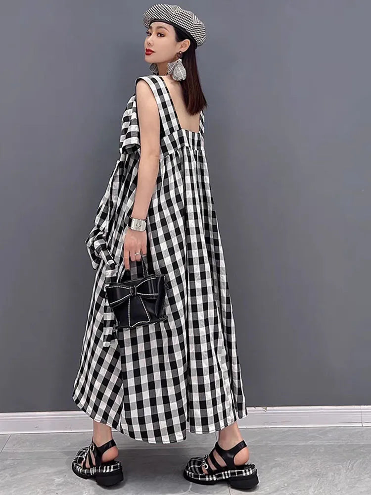 NYFS 2025 Summer New Plaid Dresses Backless Sleeveless Patchwork Bow Small Fresh Minority Elegant Loose Plus Size Long Dress