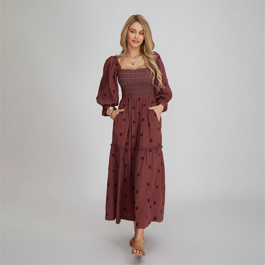 wsevypo Retro Embroidered Flowers Flowy Long Dress Women's Long Puff Sleeve Square Neck Smocked A-Line Dress for Beach Vacation