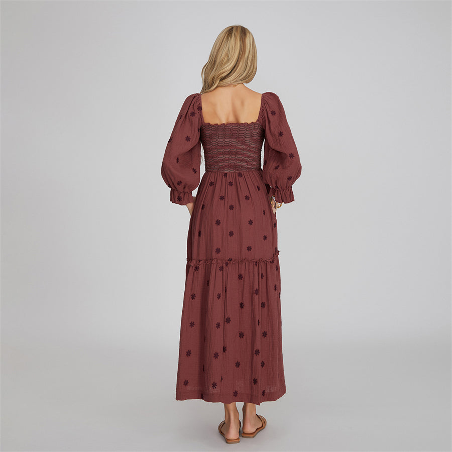wsevypo Retro Embroidered Flowers Flowy Long Dress Women's Long Puff Sleeve Square Neck Smocked A-Line Dress for Beach Vacation