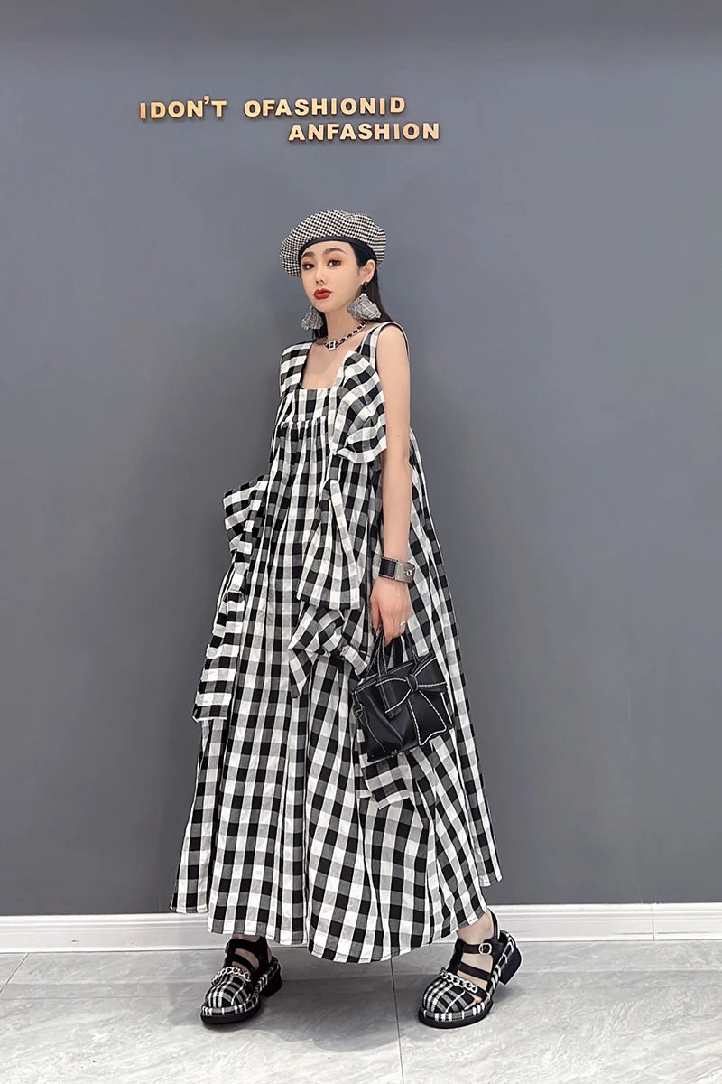NYFS 2025 Summer New Plaid Dresses Backless Sleeveless Patchwork Bow Small Fresh Minority Elegant Loose Plus Size Long Dress